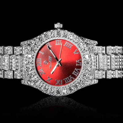 Roman Numerals Red Dial Men's Watch in White Gold