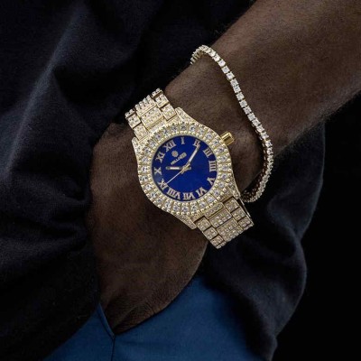 Iced Roman Numerals Blue Dial Men's Watch in Gold