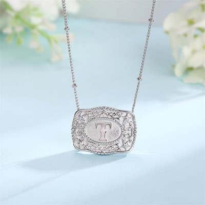 Western Style Personalized Initial 925 Sterling Silver Belt Buckle Necklace