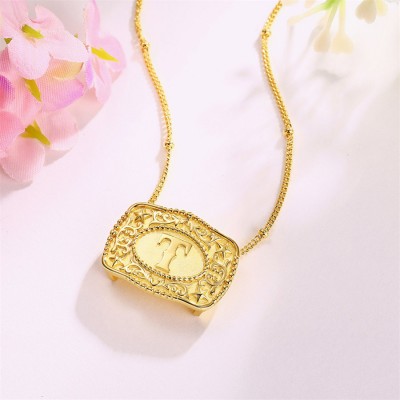 Western Style Personalized Yellow Gold Initial 925 Sterling Silver Belt Buckle Necklace