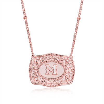 Western Style Personalized Rose Gold Initial 925 Sterling Silver Belt Buckle Necklace