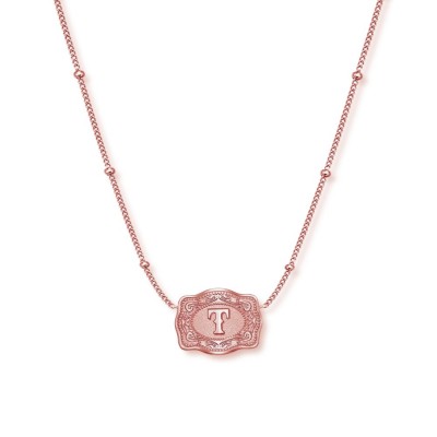 Unisex Ultra Mini Initial Rose Gold S925 Silver Belt Buckle Necklace with Beaded Chain
